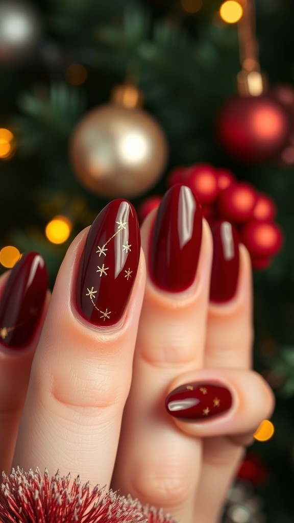 Simple Classy Dark Red Christmas Nail Art Elegant dark red Christmas nails with gold accents on a festive background.